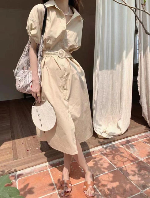 WANWAN Long Bottons Down Dress With Belt